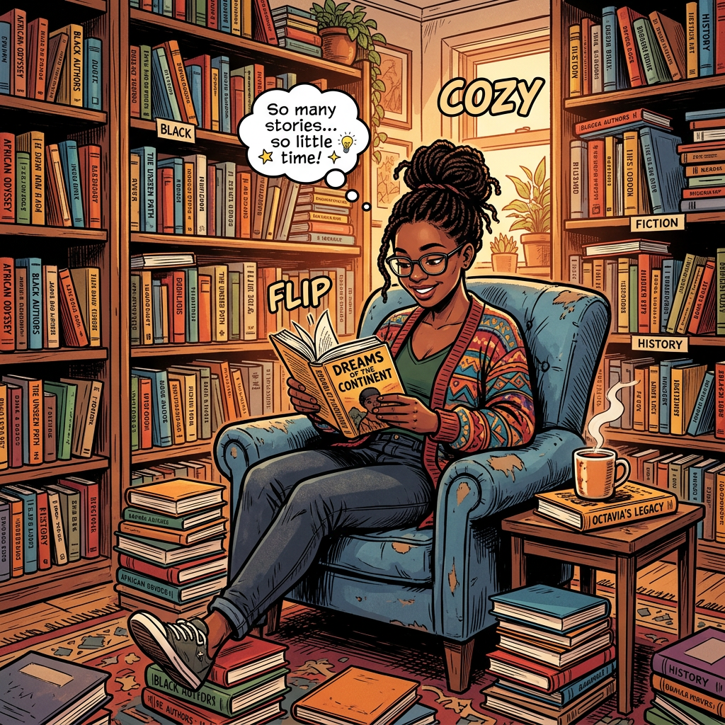Young woman with glasses reading 'Dreams of the Continent' in a cozy library filled with Black authors books