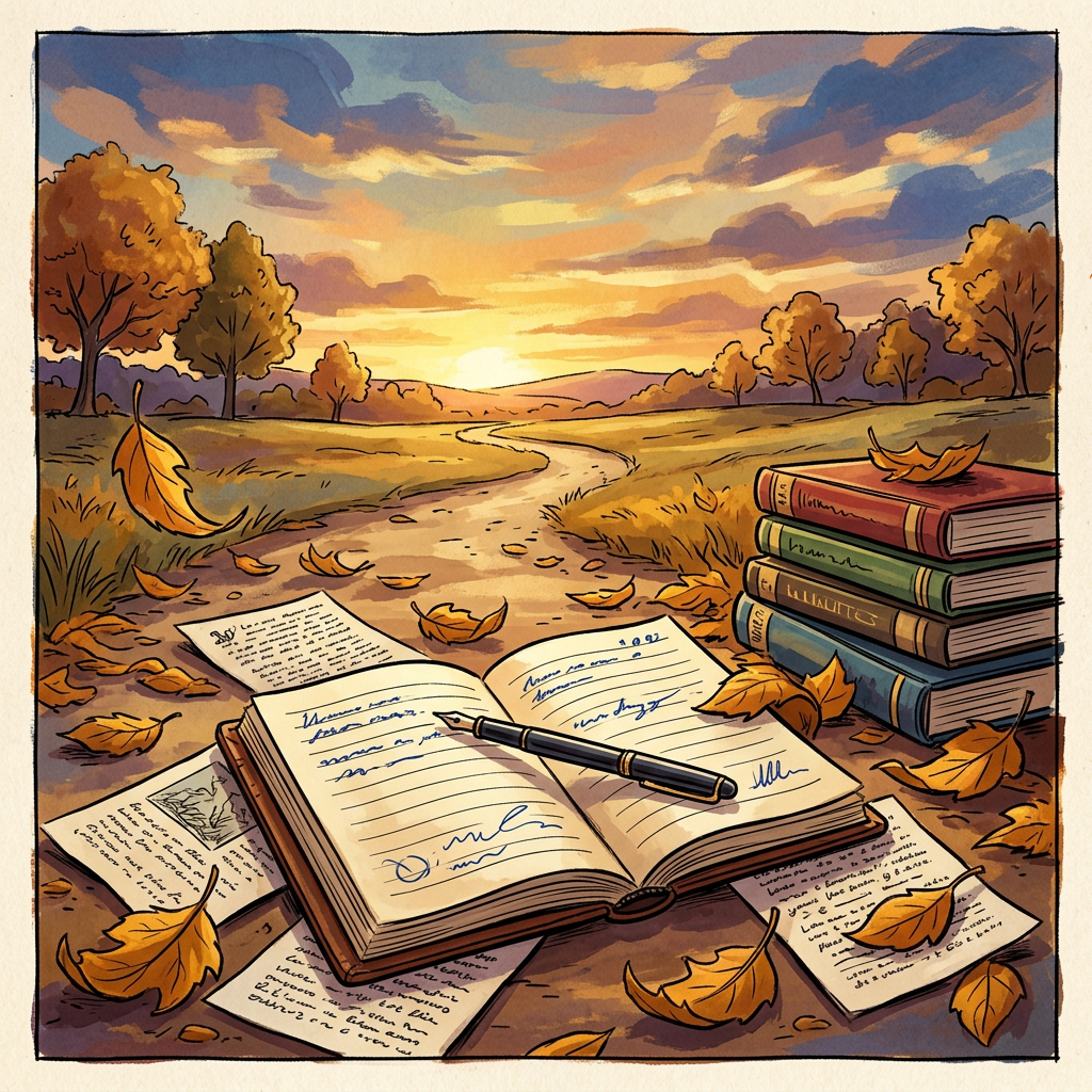 Open journal, pen, books, and handwritten pages beside an autumn path at sunset