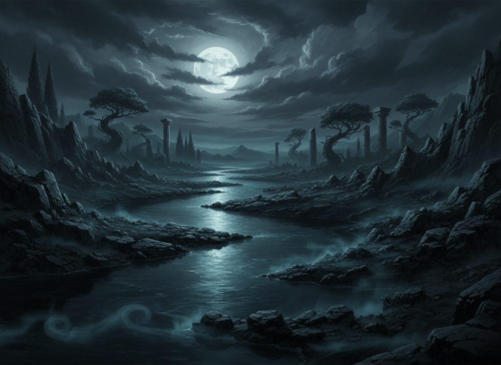A cinematic fantasy editorial illustration of Styx, the personified ancient Greek underworld river, flowing through Hades at night. Show a dark, obsidian-black river winding through a vast shadowy underworld landscape, faint ghostly blue-green mist hovering above the water, jagged rocky shores, distant silhouettes of cypress trees and ruined Greek columns, and a solemn mythic atmosphere. No text, no lettering, no modern objects. Evoke Greek mythology with dramatic moonlight and deep charcoal, indigo, and muted silver tones.