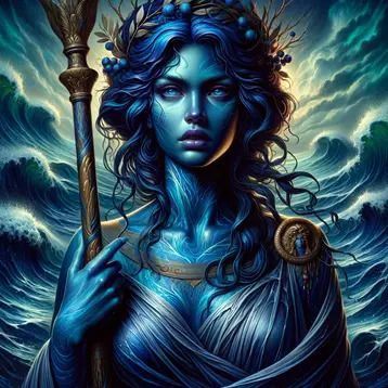 A mystical blue-skinned woman with flowing hair, holding a staff, set against a backdrop of swirling ocean waves.