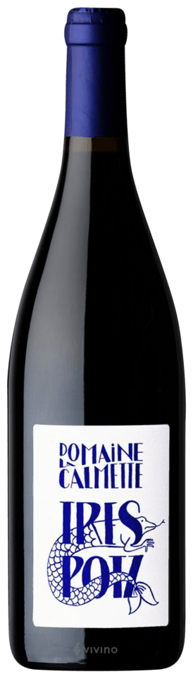 A bottle of red wine with a blue and white label featuring the text 'Domaine Calmette' and 'Iris Pot' alongside a mermaid illustration.